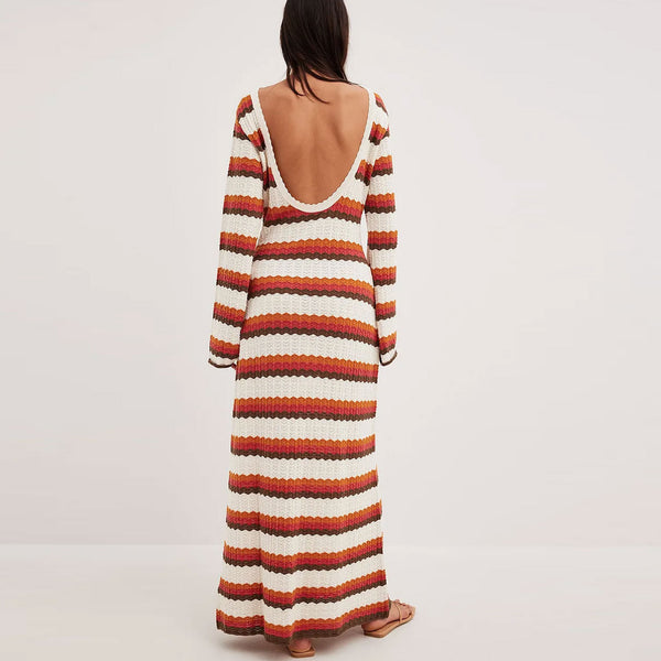 Vintage Scalloped Open Back Bell Sleeve Striped Crochet Knit Maxi Dress