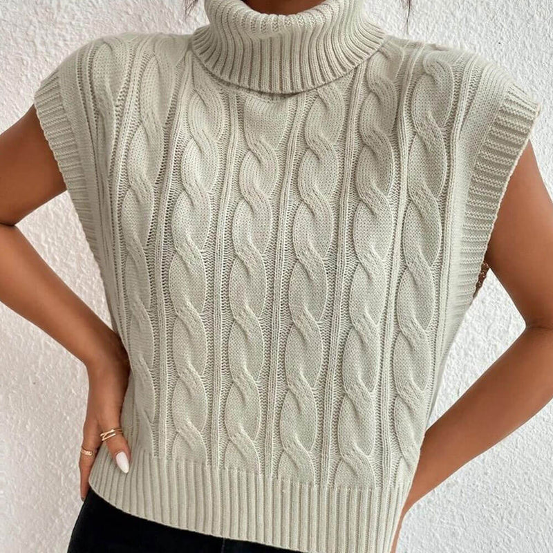 Vintage Solid Color Turtleneck Cap Sleeve Cable Knit Pullover Sweater Vest