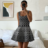 Vintage Square Neck Sleeveless Wavy Pattern Fit Flare Sweater Mini Dress
