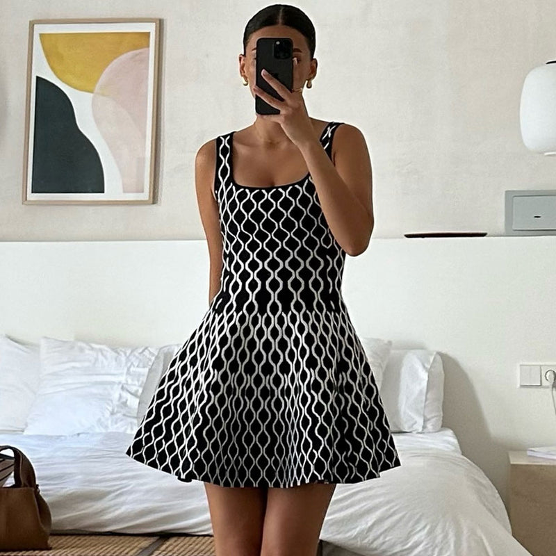 Vintage Square Neck Sleeveless Wavy Pattern Fit Flare Sweater Mini Dress