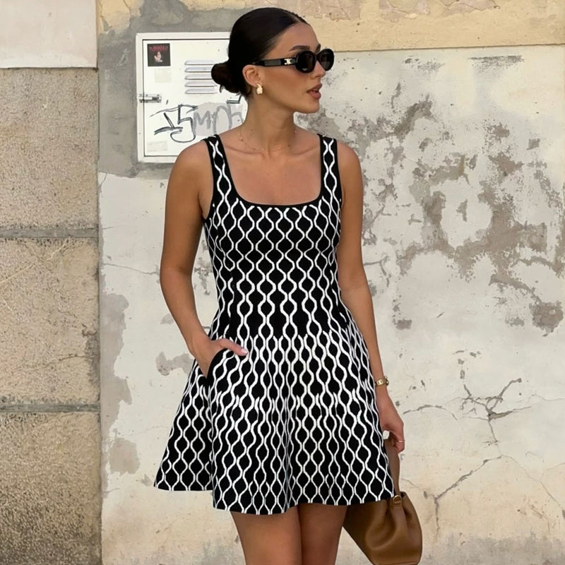 Vintage Square Neck Sleeveless Wavy Pattern Fit Flare Sweater Mini Dress