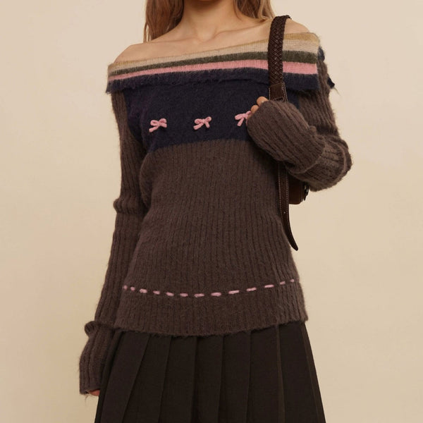 Vintage Striped Foldover Off The Shoulder Cute Bow Trim Rib Knit Mohair Sweater