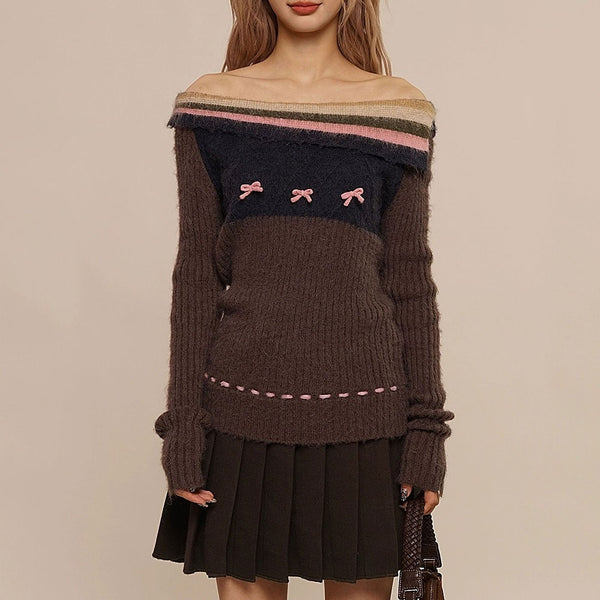 Vintage Striped Foldover Off The Shoulder Cute Bow Trim Rib Knit Mohair Sweater