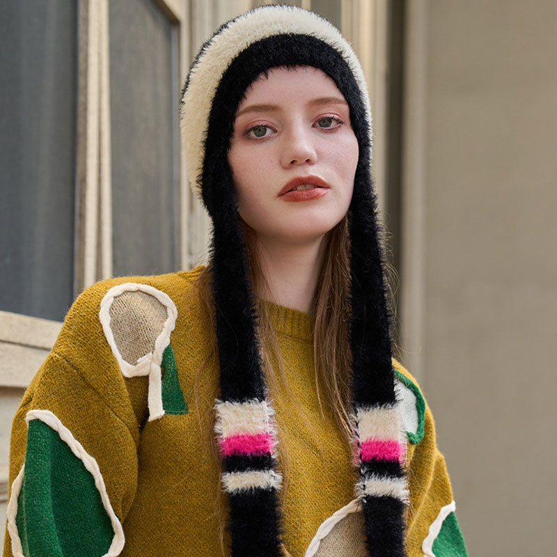 Vintage Style Contrast Striped Ear Flap Fuzzy Knit Beanie Hat