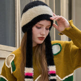 Vintage Style Contrast Striped Ear Flap Fuzzy Knit Beanie Hat