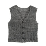 Vintage Style V Neck Button Down Cropped Texture Marl Knit Vest
