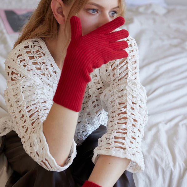 Vintage Style Winter Split Trim Warm Wool Blend Textured Ribbed Knit Gloves