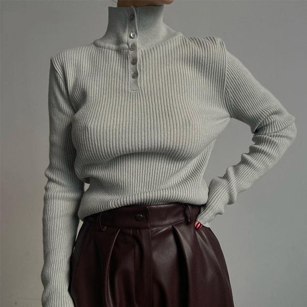 Vintage Turtleneck Half Button Long Sleeve Rib Knit Pullover Sweater