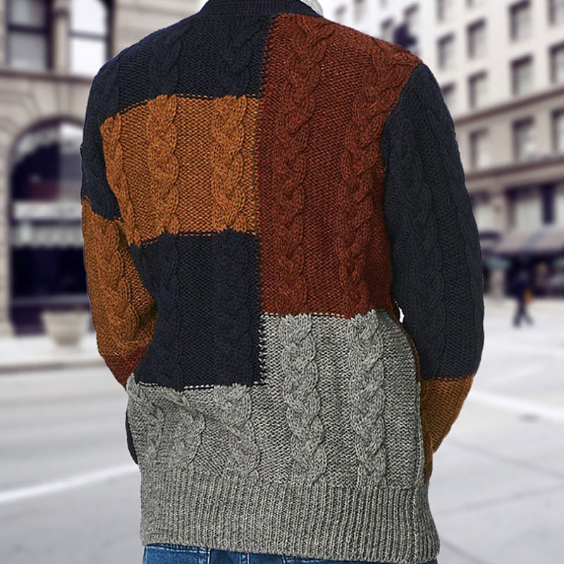 Vintage V Neck Button Up Pocket Trim Men Winter Patchwork Cable Knit Cardigan