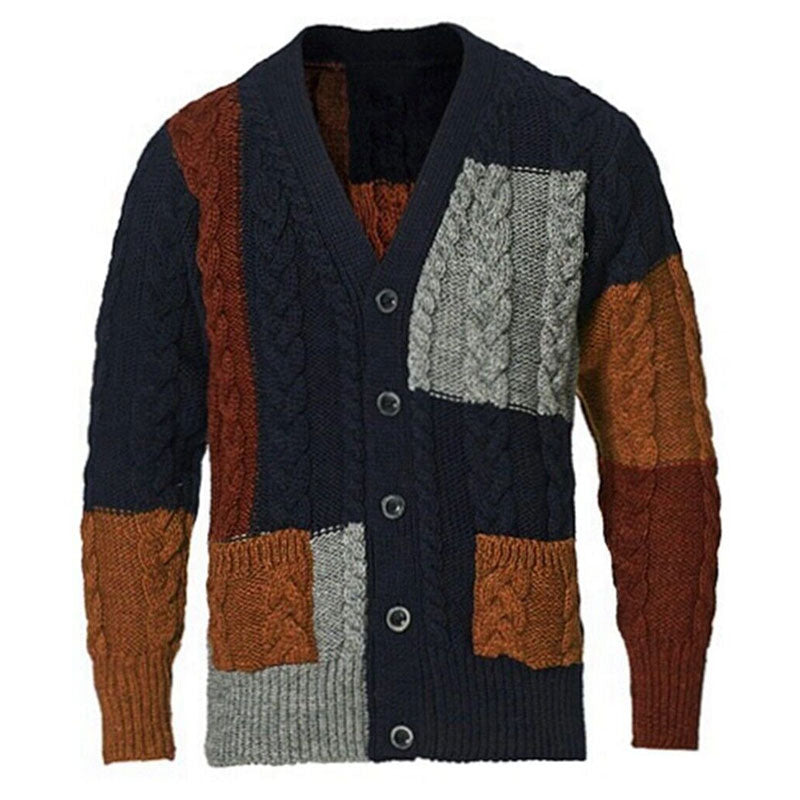 Vintage V Neck Button Up Pocket Trim Men Winter Patchwork Cable Knit Cardigan