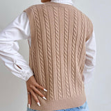 Vintage V Neck Solid Color Chunky Cable Knit Pullover Fisherman Sweater Vest
