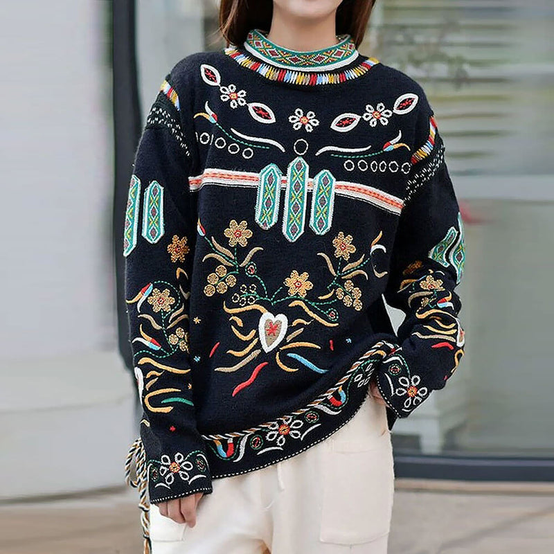 Bohemian Black Embroidered Pattern Drawstring Crew Neck Pullover Sweater