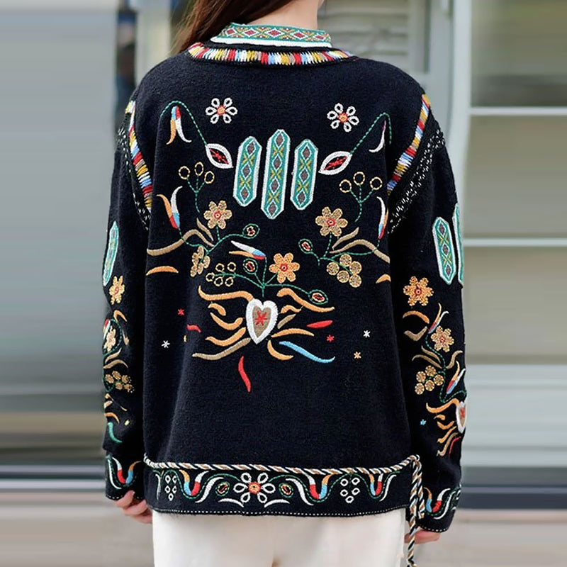 Bohemian Black Embroidered Pattern Drawstring Crew Neck Pullover Sweater