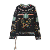 Bohemian Black Embroidered Pattern Drawstring Crew Neck Pullover Sweater