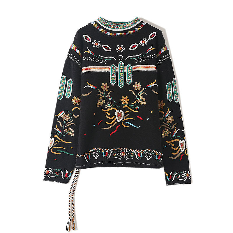 Bohemian Black Embroidered Pattern Drawstring Crew Neck Pullover Sweater