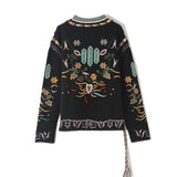 Bohemian Black Embroidered Pattern Drawstring Crew Neck Pullover Sweater