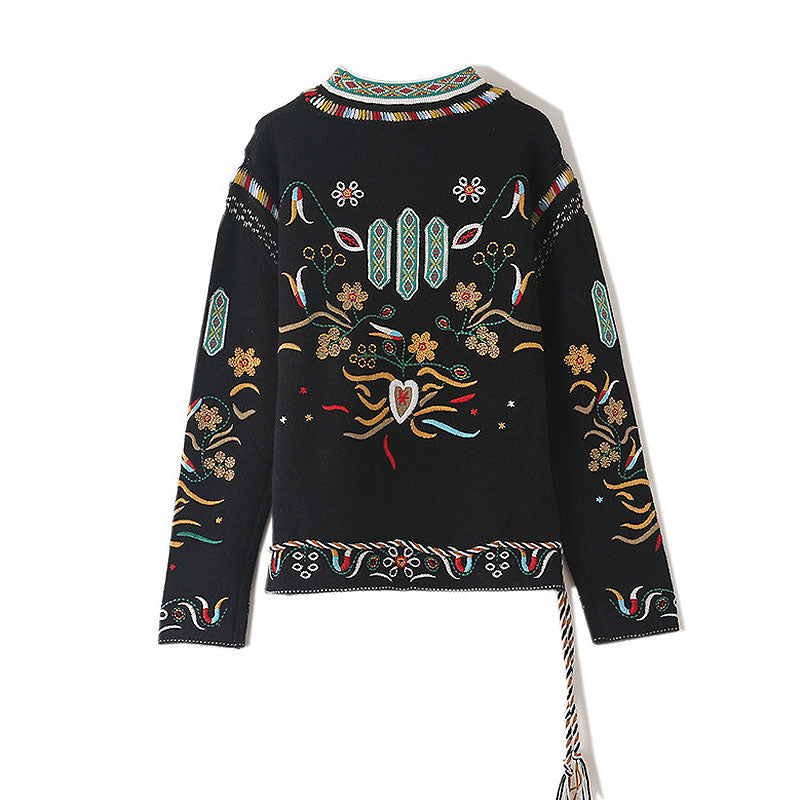 Bohemian Black Embroidered Pattern Drawstring Crew Neck Pullover Sweater