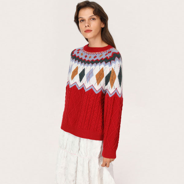 Nordic Fair Isle Red Crew Neck Fisherman Cable Knit Oversized Sweater