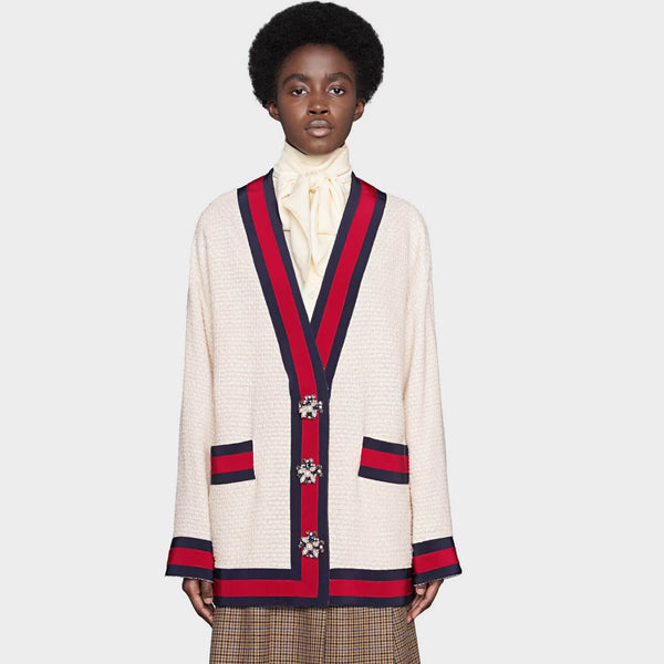 Casual White Contrast Trim V Neck Waffle Knit Button Up Cardigan