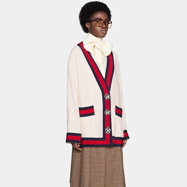 Casual White Contrast Trim V Neck Waffle Knit Button Up Cardigan