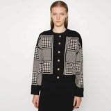 Gold Tone Black Button Houndstooth Plaid Print Crew Neck Cropped Cardigan