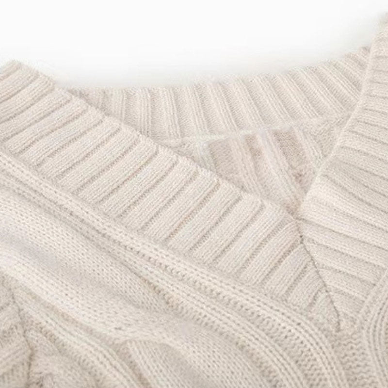 Cozy V Neck Long Sleeve Cable Rib Knit Pullover Sweater