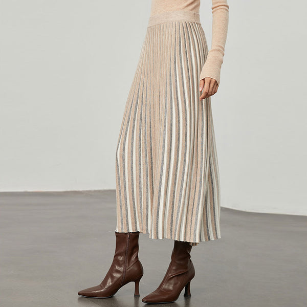 Edgy Contrast Vertical Striped Pleated Wool Blend Knit Midi Skirt