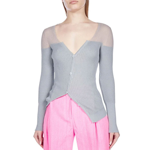 Asymmetric Button Up V Neck Cutout Gray Long Sleeve Sheer Rib Knit Cardigan