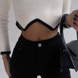 Asymmetric White Contrast Trim Turtleneck Rib Knit Cropped Sweater