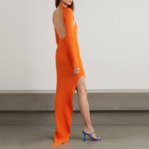 Asymmetric Crossover Cutout Long Sleeve Open Back Orange Rib Knit Halter Dress