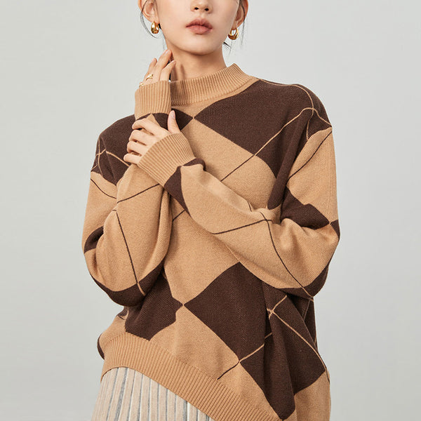 Asymmetric High Low Mock Neck Wool Blend Argyle Sweater