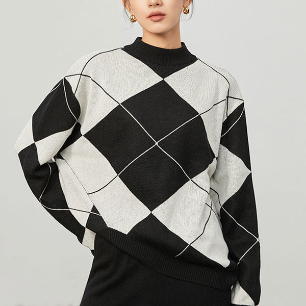 Asymmetric High Low Mock Neck Wool Blend Argyle Sweater