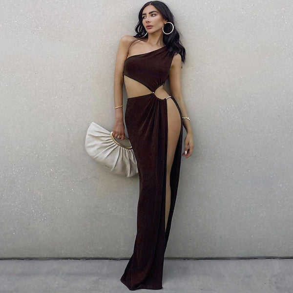 Asymmetric One Shoulder Sleeveless Ruched Side Cutout Maxi Knit Dress