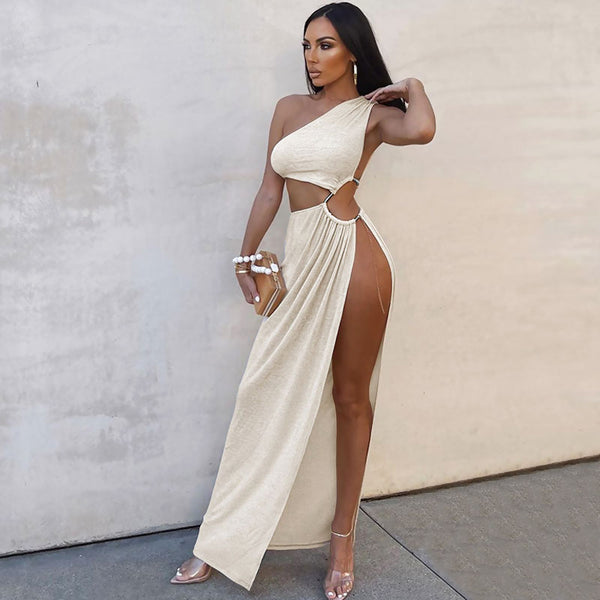 Asymmetric One Shoulder Sleeveless Ruched Side Cutout Maxi Knit Dress