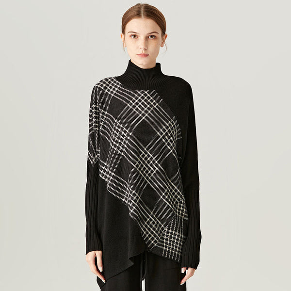 Asymmetric Black and White Plaid High Neck Drop Shoulder Wool Blend Oversized Sweater