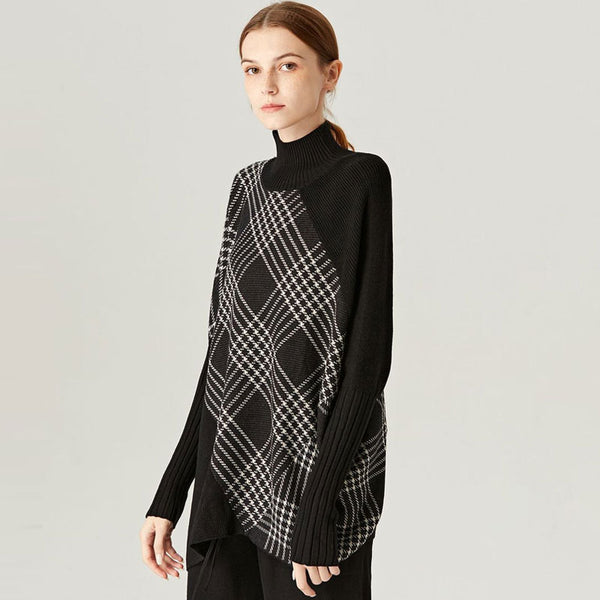 Asymmetric Black and White Plaid High Neck Drop Shoulder Wool Blend Oversized Sweater