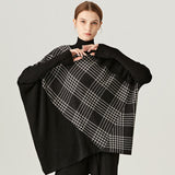 Asymmetric Black and White Plaid High Neck Drop Shoulder Wool Blend Oversized Sweater