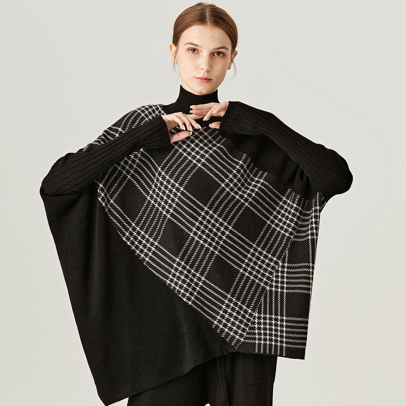 Asymmetric Black and White Plaid High Neck Drop Shoulder Wool Blend Oversized Sweater