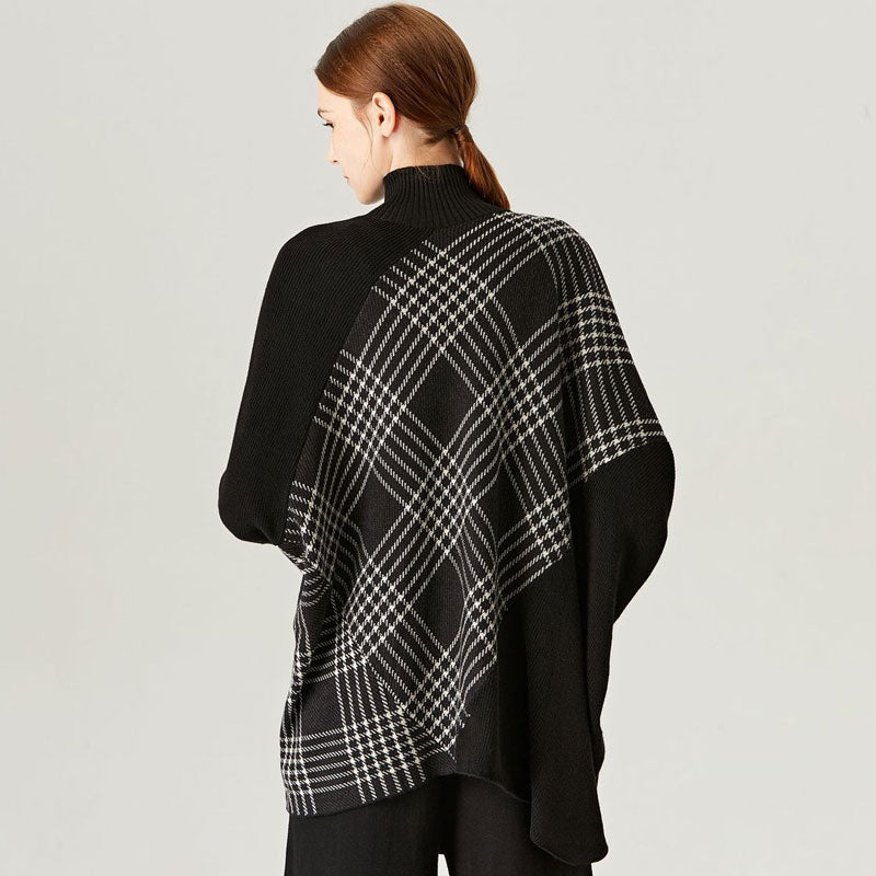 Asymmetric Black and White Plaid High Neck Drop Shoulder Wool Blend Oversized Sweater