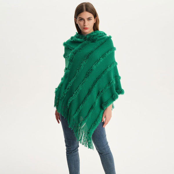 Bohemian Fringe Faux Fur Batwing Sleeve Green Hooded Knit Poncho Sweater