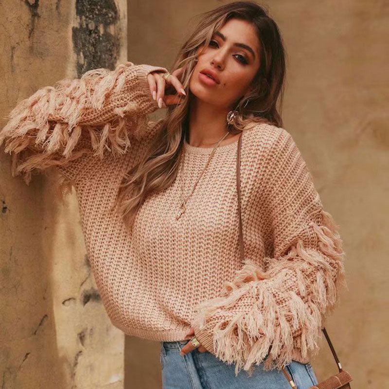 Bohemian Fringe Sleeve Crew Neck Brioche Rib Knit Pullover Sweater