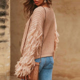 Bohemian Fringe Sleeve Crew Neck Brioche Rib Knit Pullover Sweater