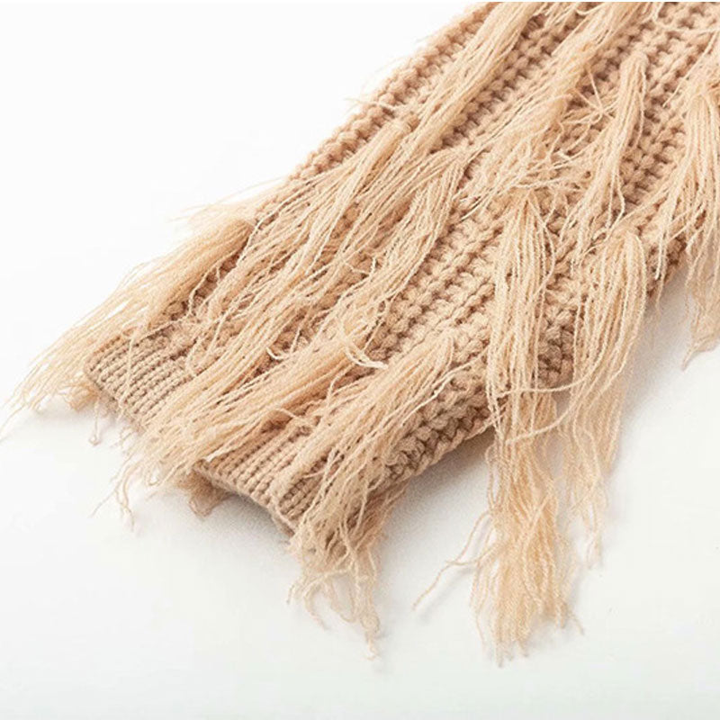 Bohemian Fringe Sleeve Crew Neck Brioche Rib Knit Pullover Sweater