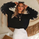 Bohemian Fringe Sleeve Crew Neck Brioche Rib Knit Pullover Sweater