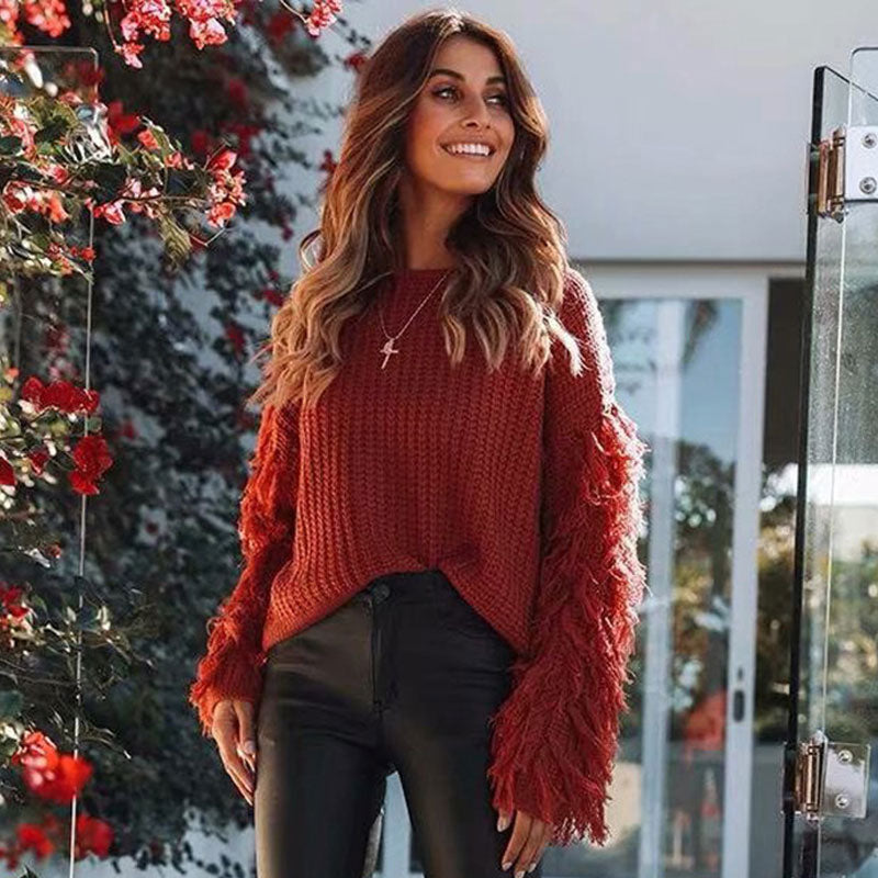 Bohemian Fringe Sleeve Crew Neck Brioche Rib Knit Pullover Sweater