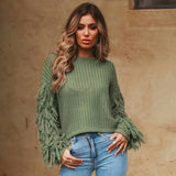 Bohemian Fringe Sleeve Crew Neck Brioche Rib Knit Pullover Sweater