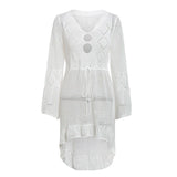 Boho Bell Sleeve Pointelle Crochet Open Knit White Cover Up Tunic