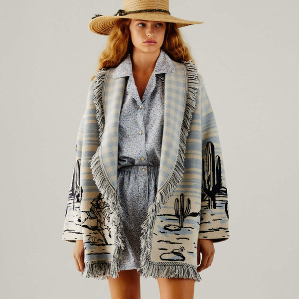 Boho Cactus Jacquard Knit Plaid Wool Blend Tie Front Fringe Long Cardigan