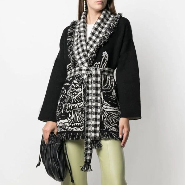 Boho Cactus Jacquard Knit Plaid Wool Blend Tie Front Fringe Long Cardigan