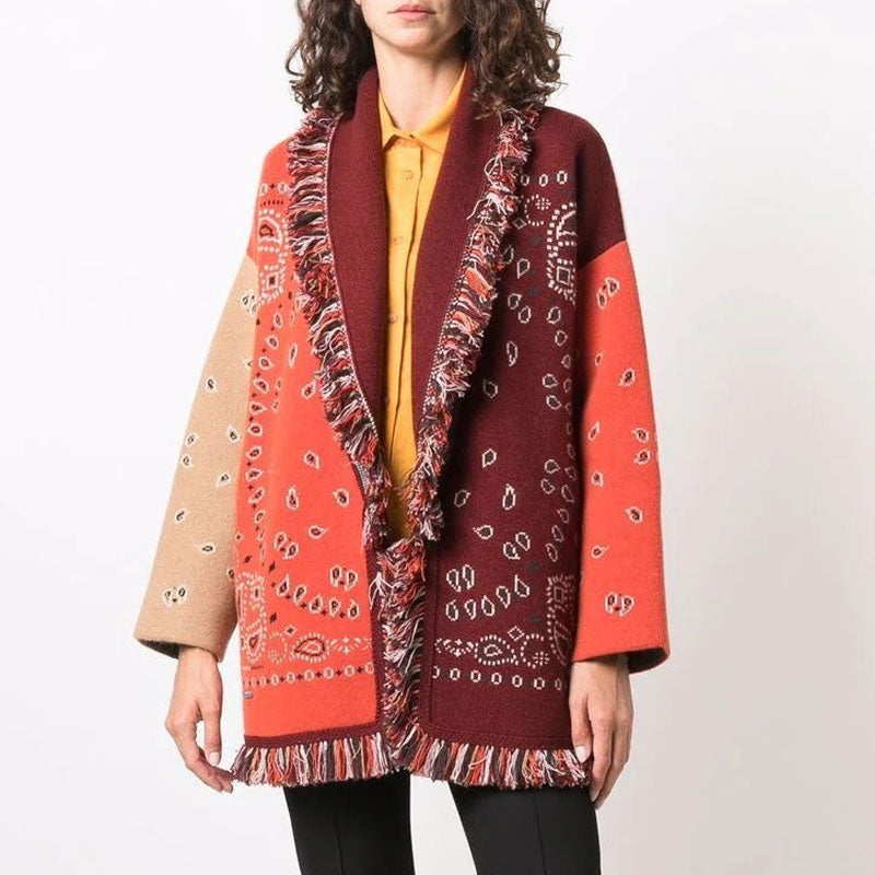 Boho Multicolored Color Block Wool Blend Paisley Jacquard Knit Long Cardigan